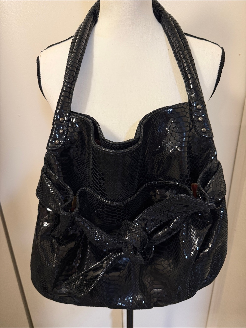 Perlina Black Faux-Snake Shoulder Bag with Front Knot
